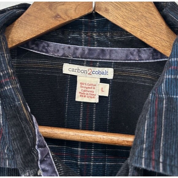 Carbon 2 Cobalt Mens Shirt Large Button Up Plaid Corduroy Black Blue Pockets - Picture 2 of 9